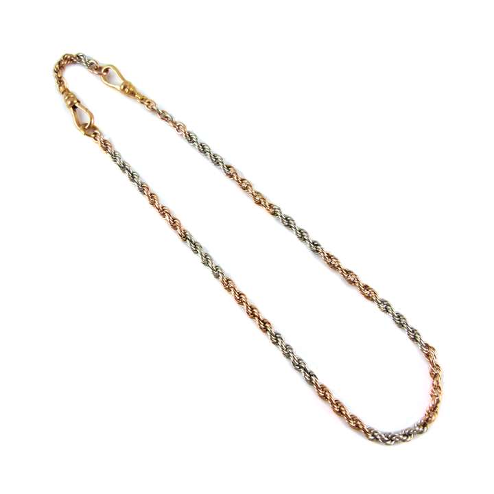 Two colour 14ct gold ropetwist chain, alternating white and rose gold sections